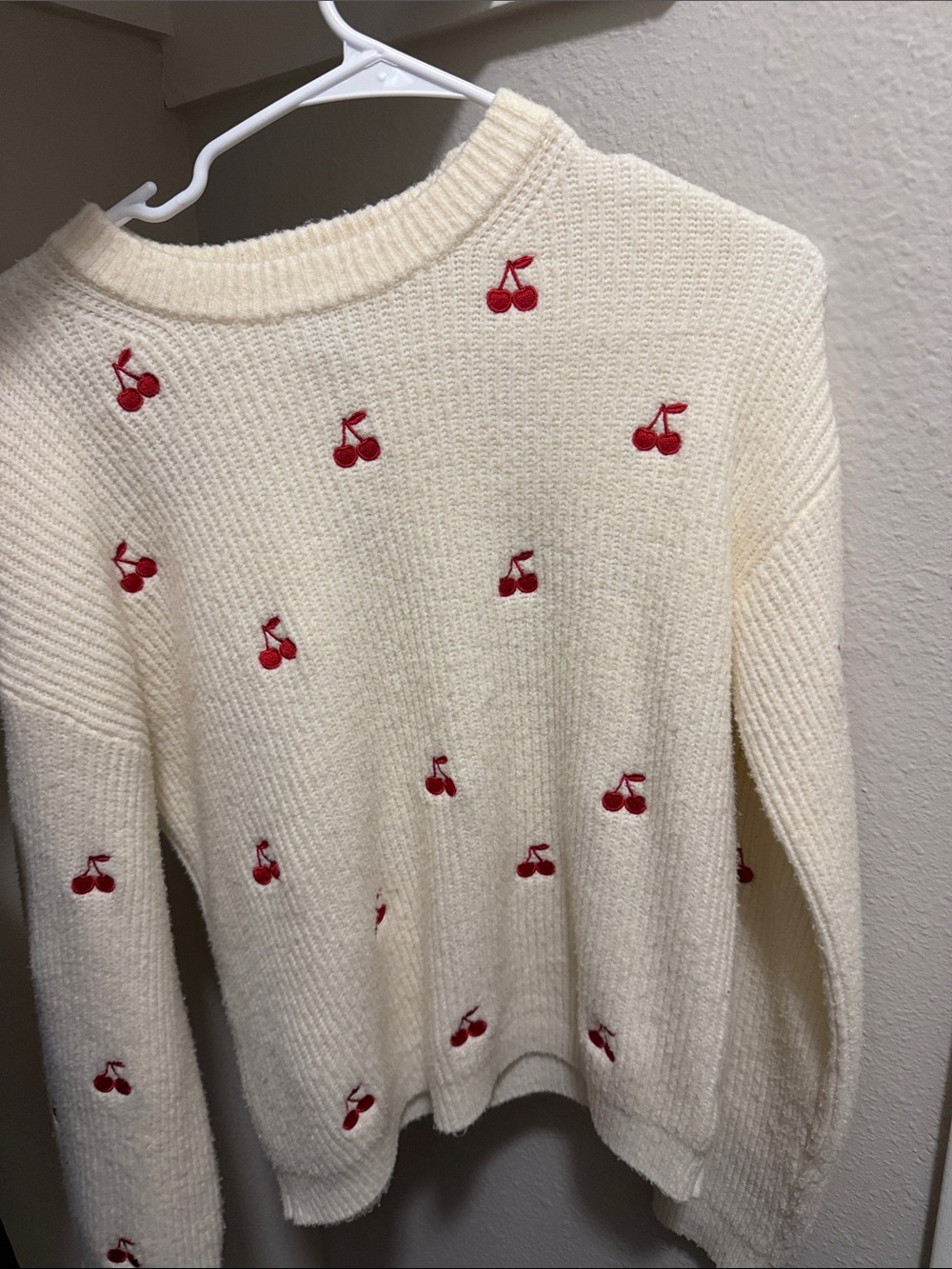 a new day Cream Sweater with Red Cherry Embroidery